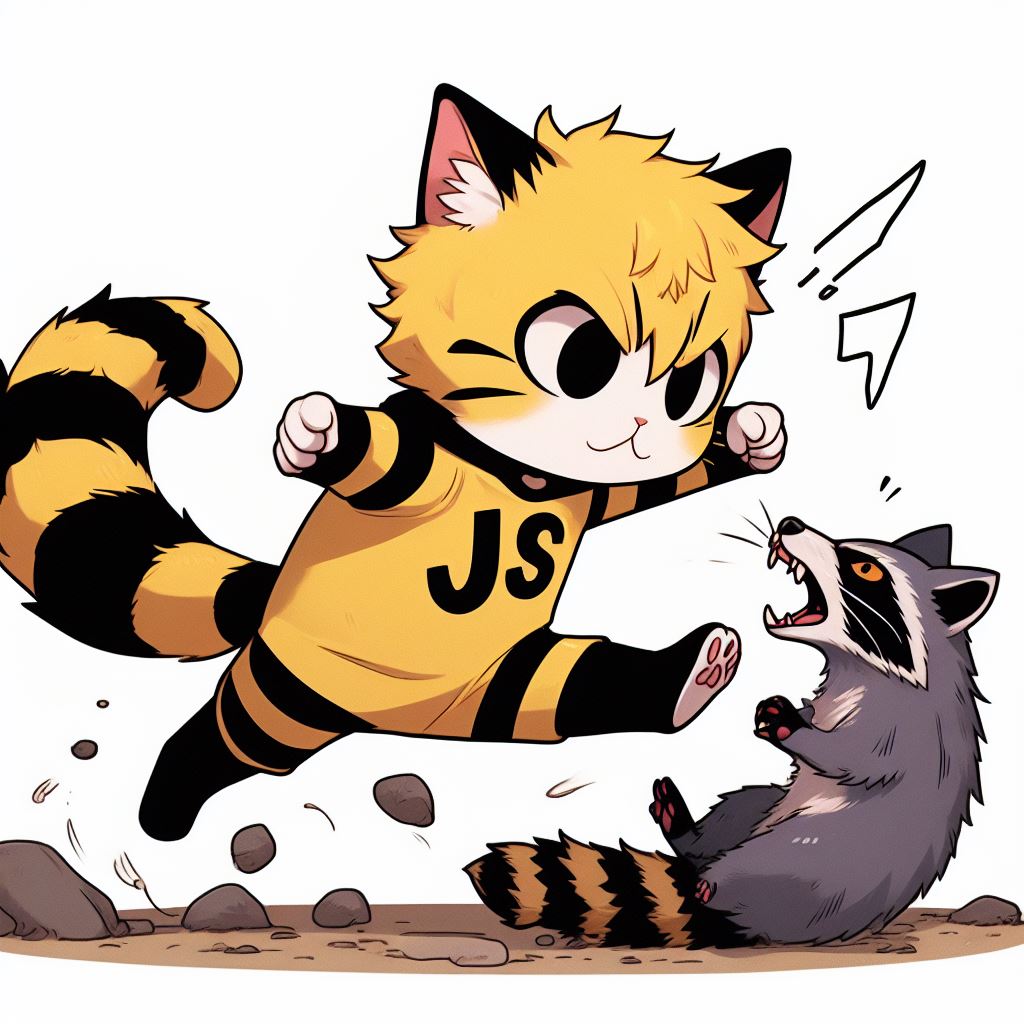 Um gato atacando um guaxinim onde o gato simboliza o Javascript e o guaxinim o desenvolvedor