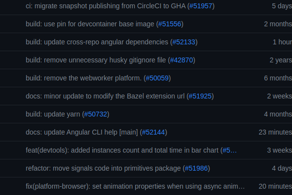 captura de tela do histórico de commits do repositório angular/angular no github